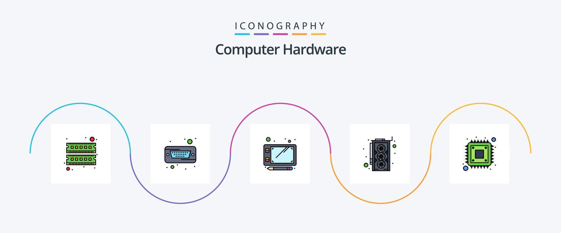 Computerhardware-Linie gefülltes flaches 5-Icon-Paket einschließlich Speicher. Zentralprozessor. Stift. Computer. Grafikkarte vektor