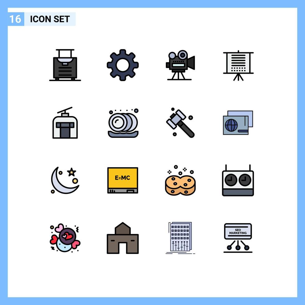 16 tematiska vektor platt Färg fylld rader och redigerbar symboler av reser gondol filma kamera webb data redigerbar kreativ vektor design element