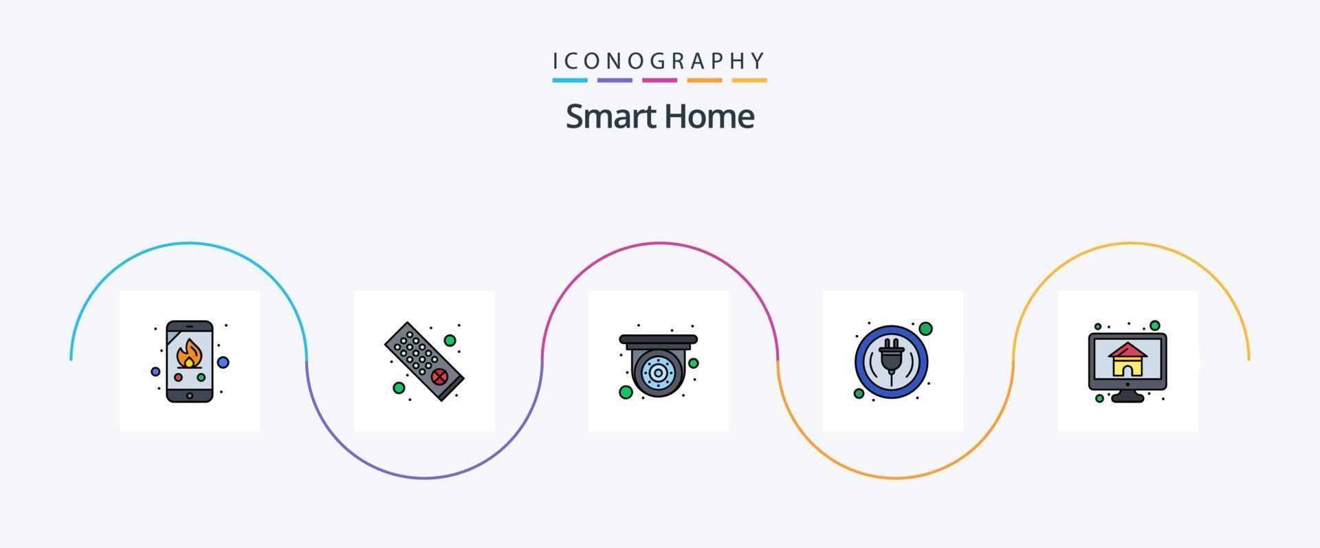 Smart-Home-Line-Flat-5-Icon-Pack mit Monitor. Zuhause. Videoüberwachung Computer. schlau vektor