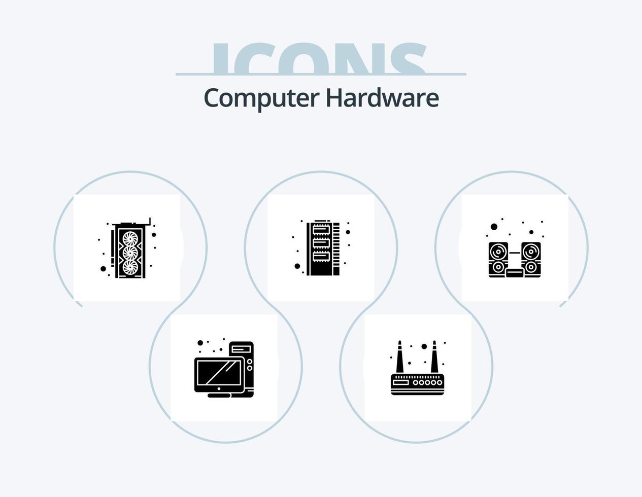 Computerhardware-Glyphen-Icon-Pack 5-Icon-Design. Lautsprecher. Hardware. Grafikkarte. Computer. RAM vektor