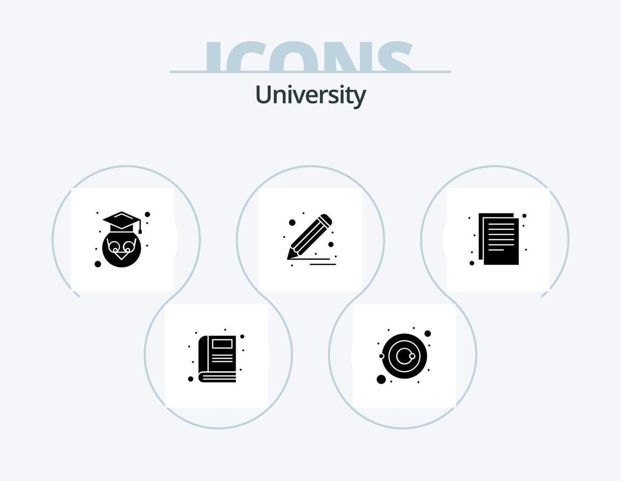 Universitäts-Glyphen-Icon-Pack 5-Icon-Design. Dateien. schreiben. Eule. Stift. zeichnen vektor