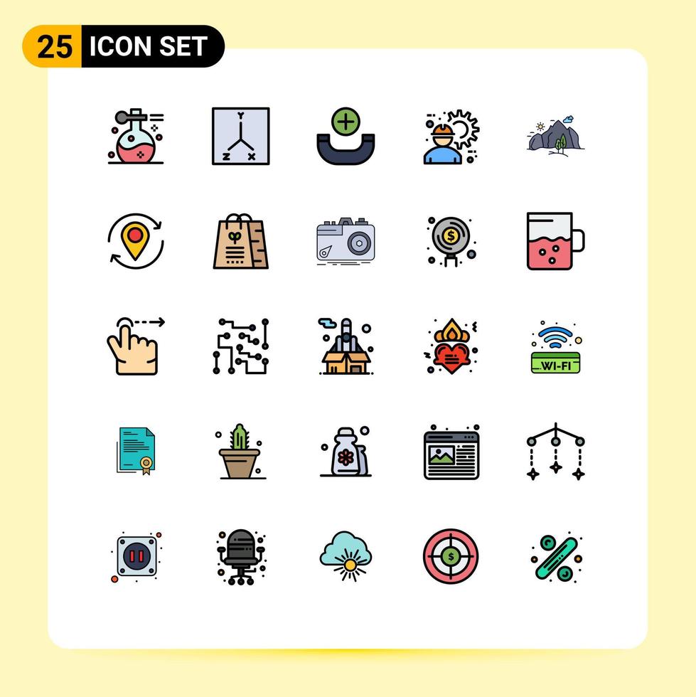 25 universelle, gefüllte Linien-Flachfarben für Web- und mobile Anwendungen Landschaftsausrüstung Anruf Arbeits Bauarbeiter editierbare Vektordesign-Elemente vektor