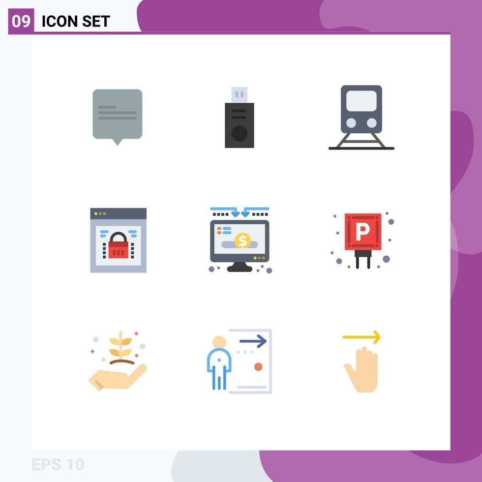 Piktogrammsatz von 9 einfachen flachen Farben der Spende Websicherheitszug Websperre Seitensperre editierbare Vektordesignelemente vektor