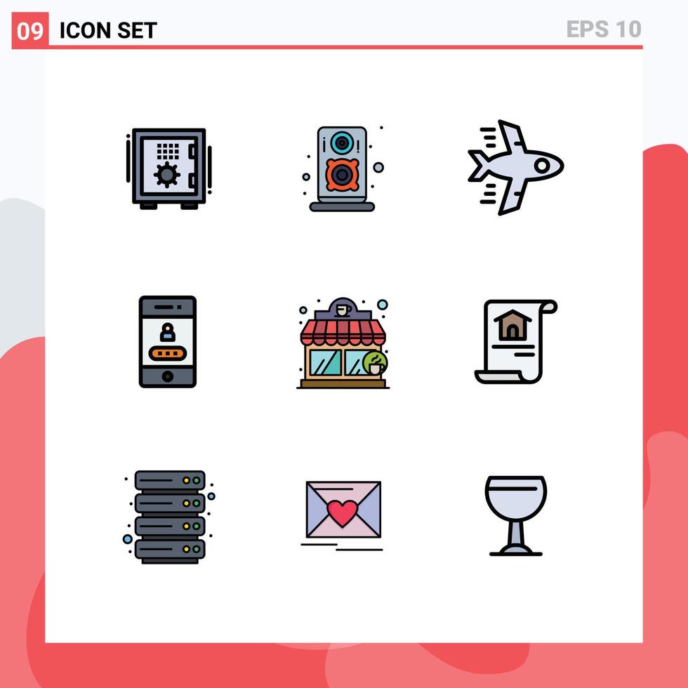 9 tematiska vektor fylld linje platt färger och redigerbar symboler av affär kaffe hus flygplan säkerhet låsa redigerbar vektor design element