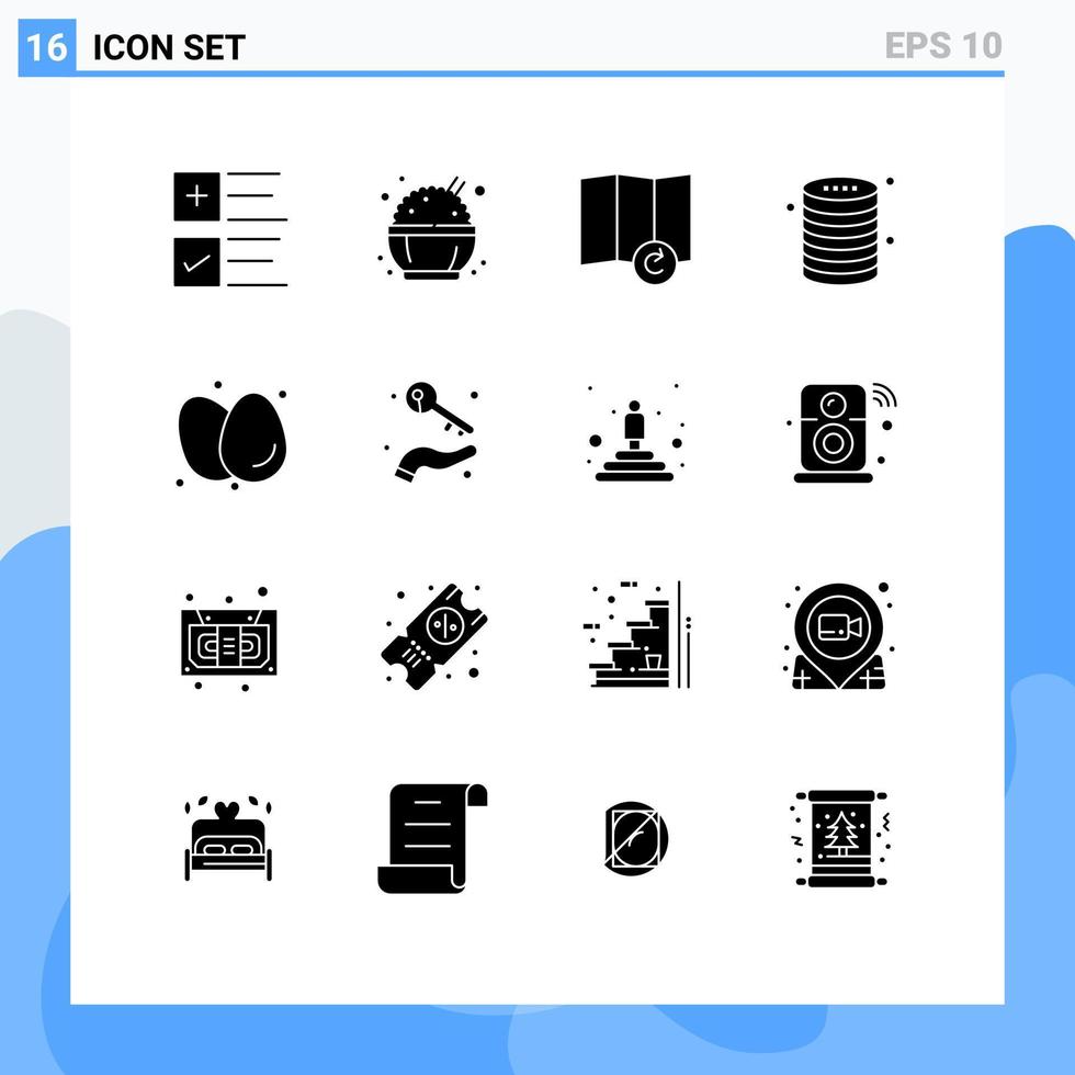 Satz von 16 Vektor-Solid-Glyphen auf dem Gitter für Eier, Frühstück, Auffrischung, gekochte Eier, Server, editierbare Vektordesign-Elemente vektor