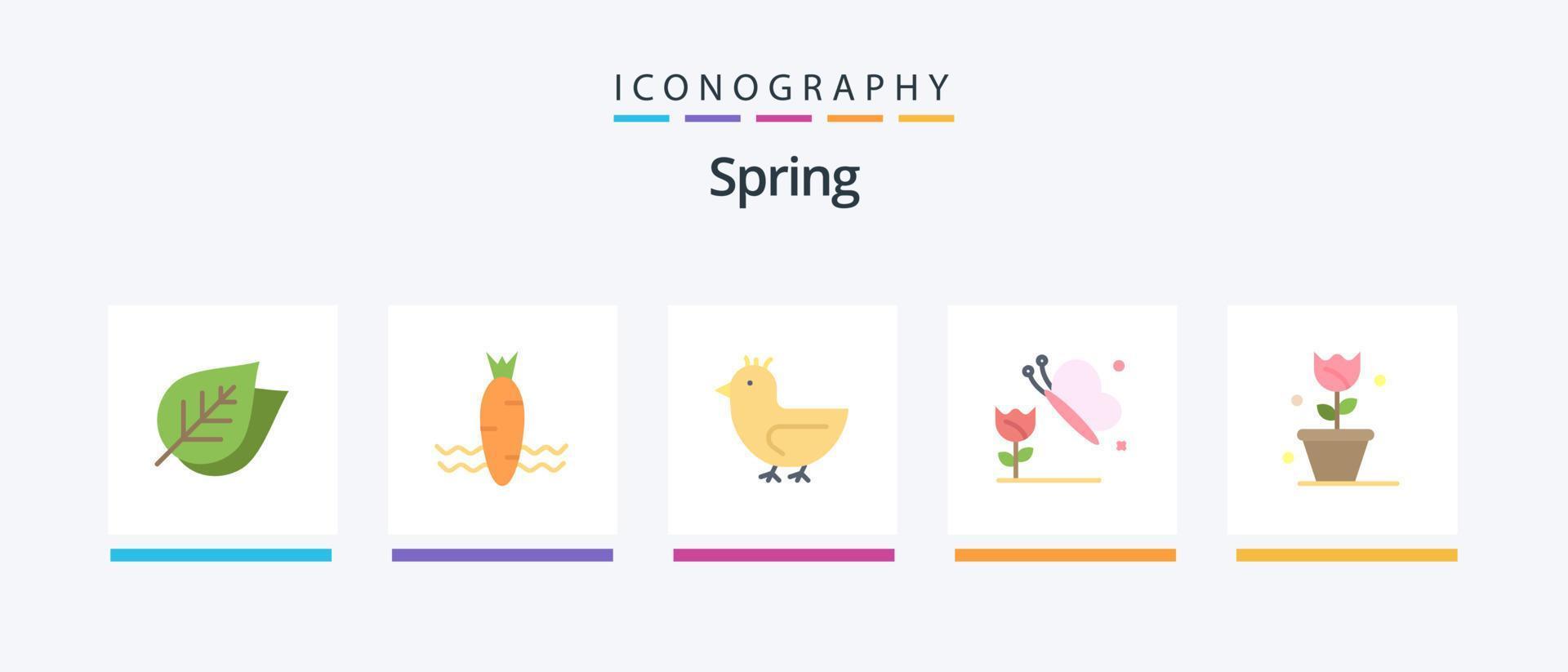 Spring Flat 5 Icon Pack inklusive Natur. Blume. Ente. Schmetterling. Schmetterling und Blume. kreatives Symboldesign vektor