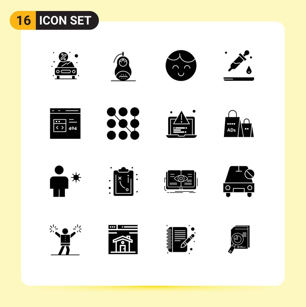 uppsättning av 16 kommersiell fast glyfer packa för app pipett fred dropper barn redigerbar vektor design element