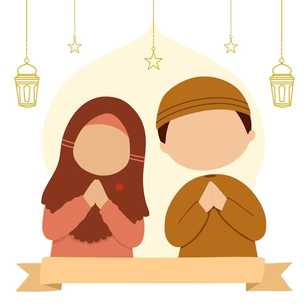 Illustration von Mädchen und Jungen, die Ramadan Mubarak sagen vektor