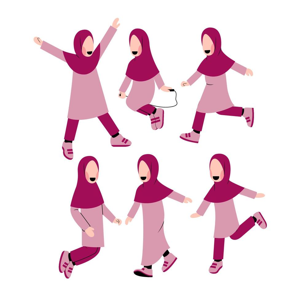 uppsättning av Lycklig muslim liten flicka karaktär vektor