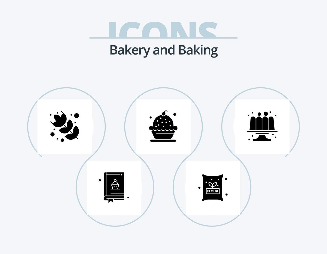 bakning glyf ikon packa 5 ikon design. kaka. bakad. mat. paj. krämig vektor