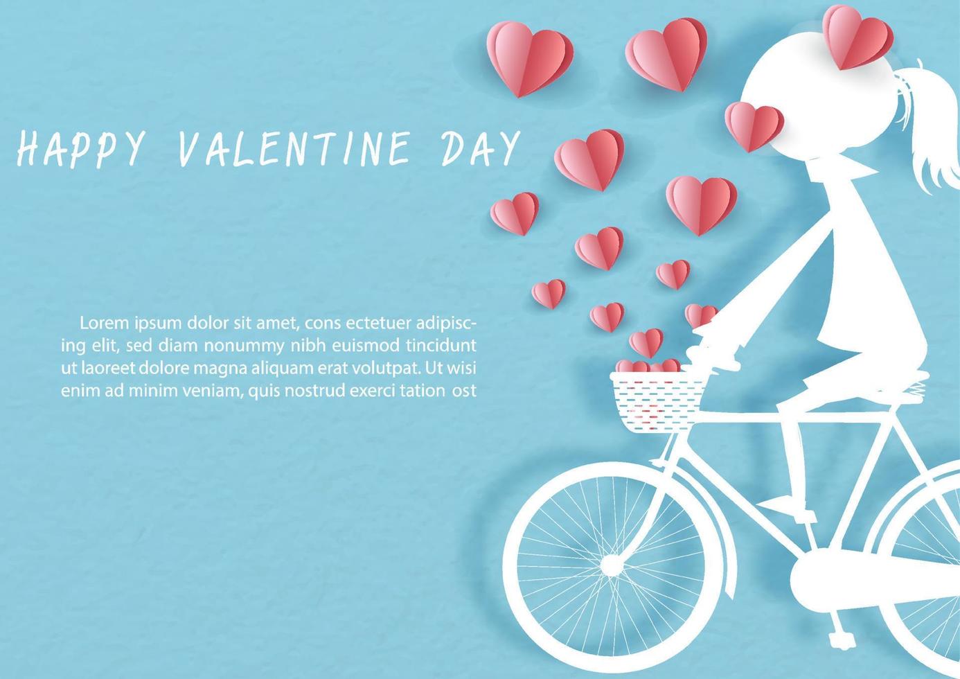 närbild och beskära vit silhuett av flicka rida en cykel med hjärtan blåst med Lycklig valentine lydelse på blå papper mönster bakgrund. valentine hälsning kort i papper skära stil och vektor design.