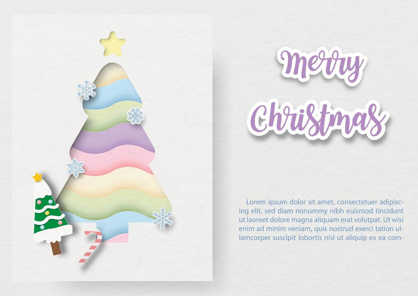 süßer und fantasievoller regenbogen-weihnachtsbaum im papierschnittstil auf weißer karte mit beispieltexten und weihnachtsschriftzug auf weißem papiermusterhintergrund. vektor