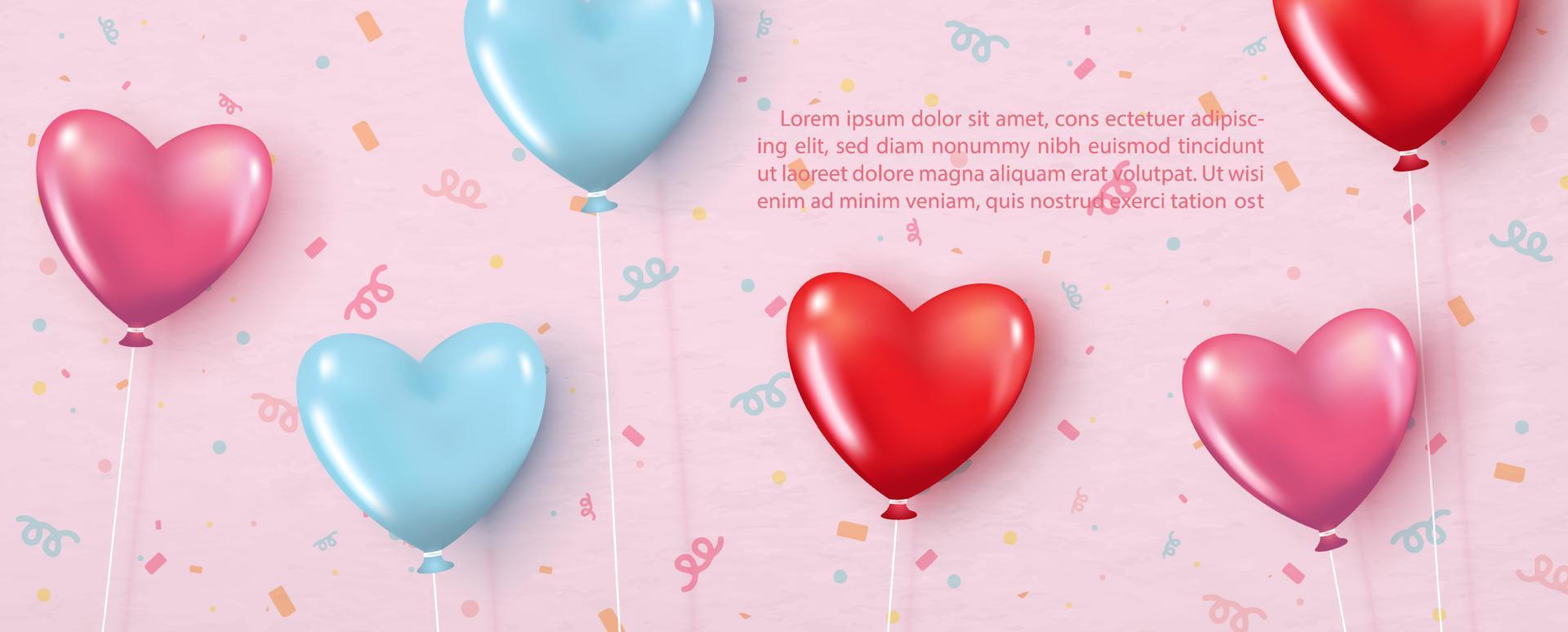 rosa, röd och blå ballong i glansig hjärta form och 3d stil med exempel texter på fest band mönster och rosa baner bakgrund. vektor