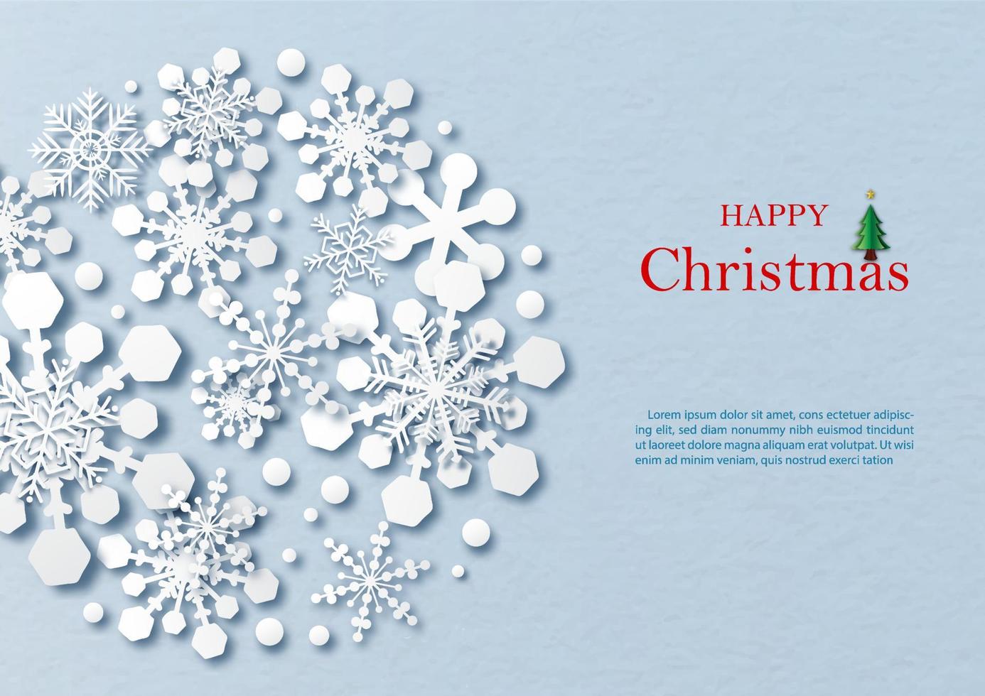 silhouette schneeflockenmuster in einer riesigen kreisform und papierschnittart mit wortlaut des weihnachtstages, beispieltexte auf blauem papiermusterhintergrund. vektor