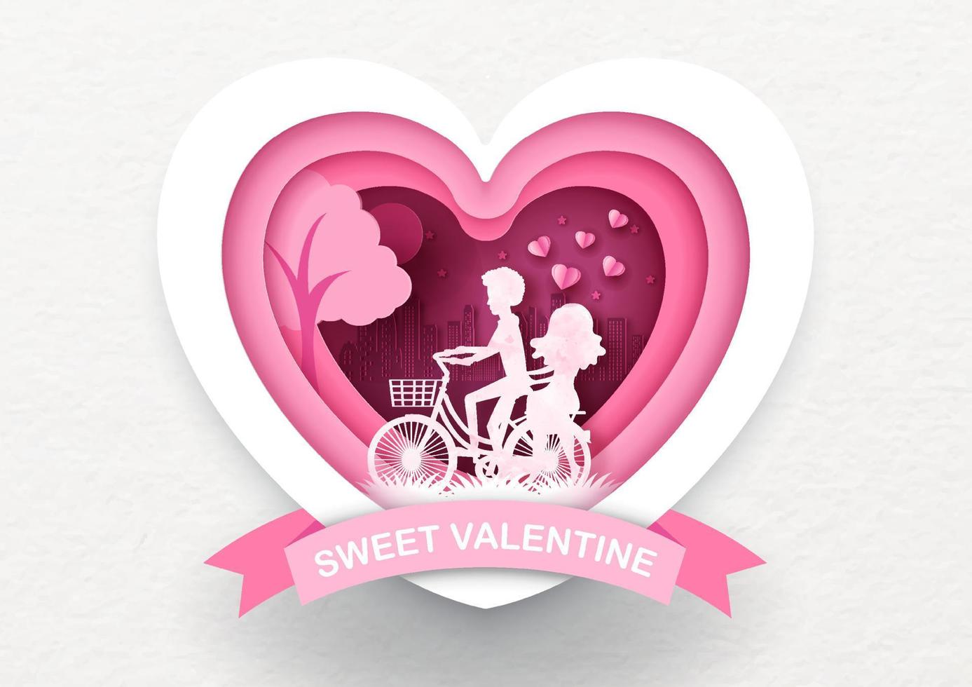 närbild rosa silhuett av älskare rida en cykel i en jätte hjärta med ljuv valentine lydelse på rosa band baner och vit bakgrund. valentine hälsning kort i papper skära stil och vektor design.