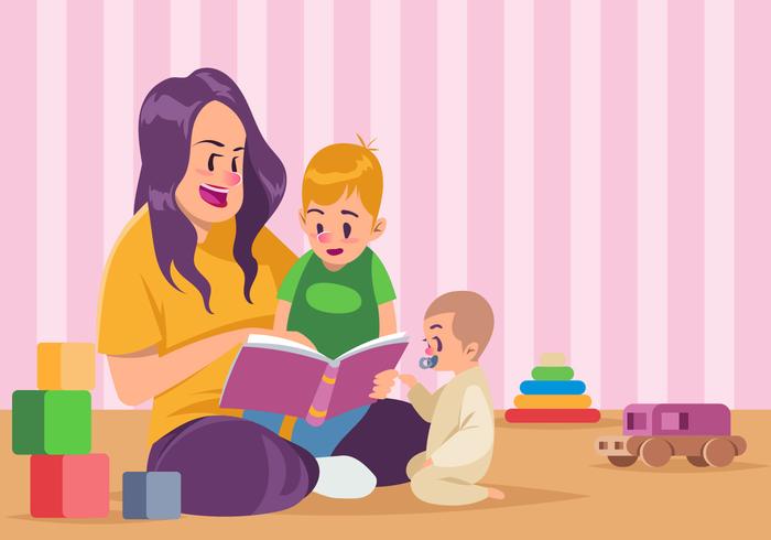 Nanny und Kinder lesen ein Buch zusammen Vektor
