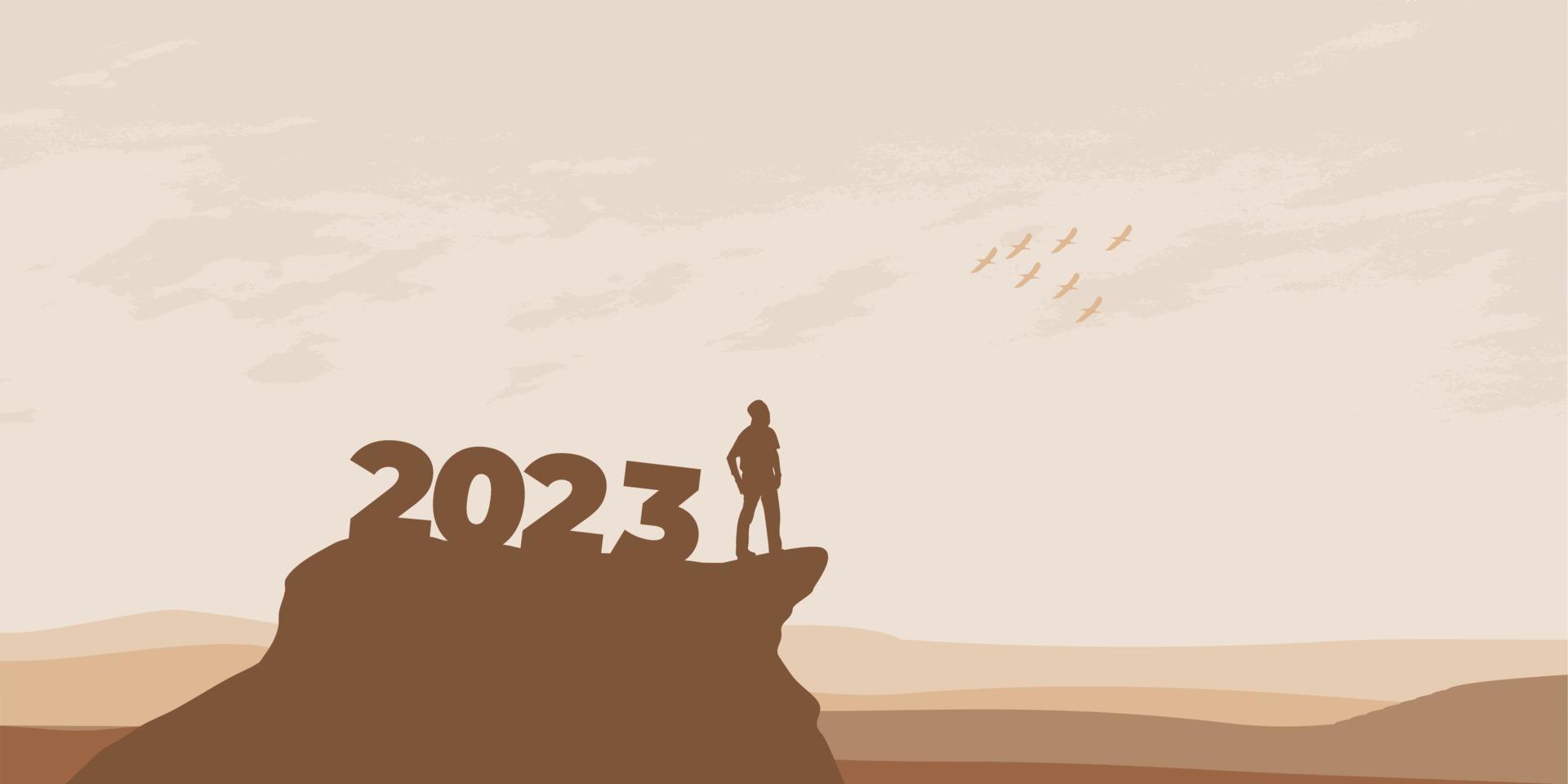 neues jahr 2023 konzept. mann trifft morgendämmerung in den bergen für das neue jahr 2023. neustartmotivation inspirierende zitatbotschaft auf silhouette mann vektor