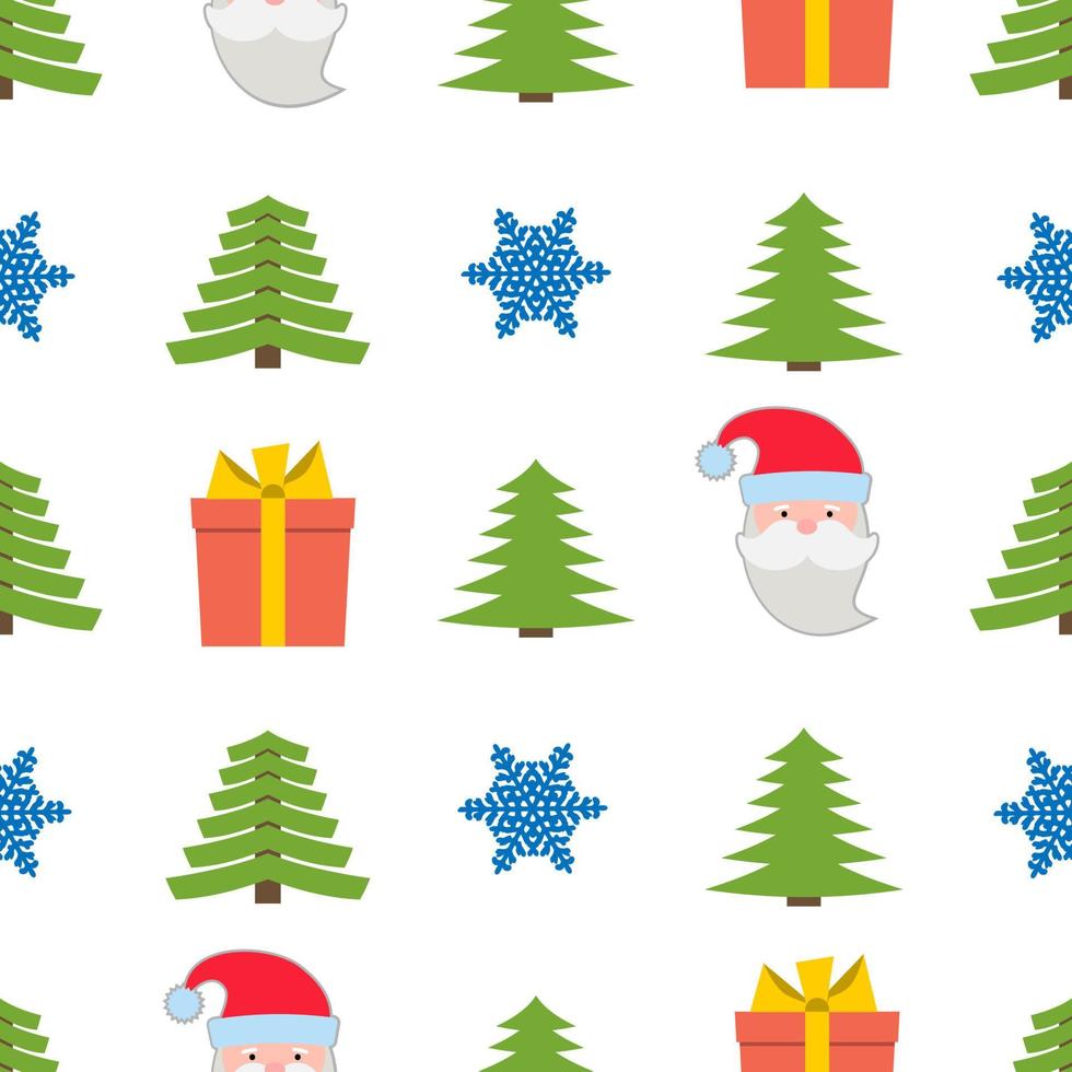 jul sömlös mönster med snöflinga, gåva låda, santa claus och jul träd på vit bakgrund. vektor illustration