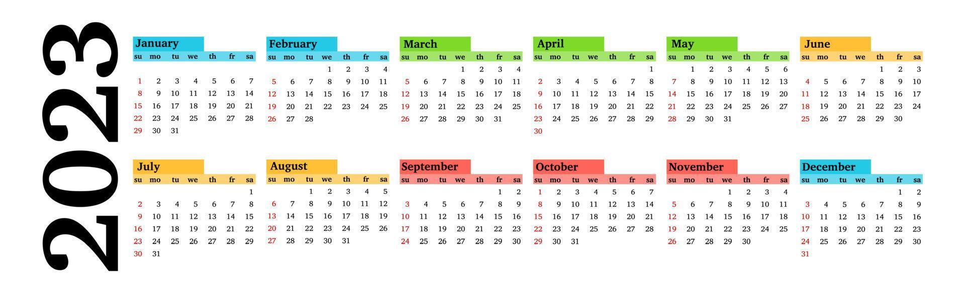 horizontaler Kalender für 2023 isoliert auf weißem Hintergrund. sonntag bis montag, geschäftsvorlage. Vektor-Illustration vektor