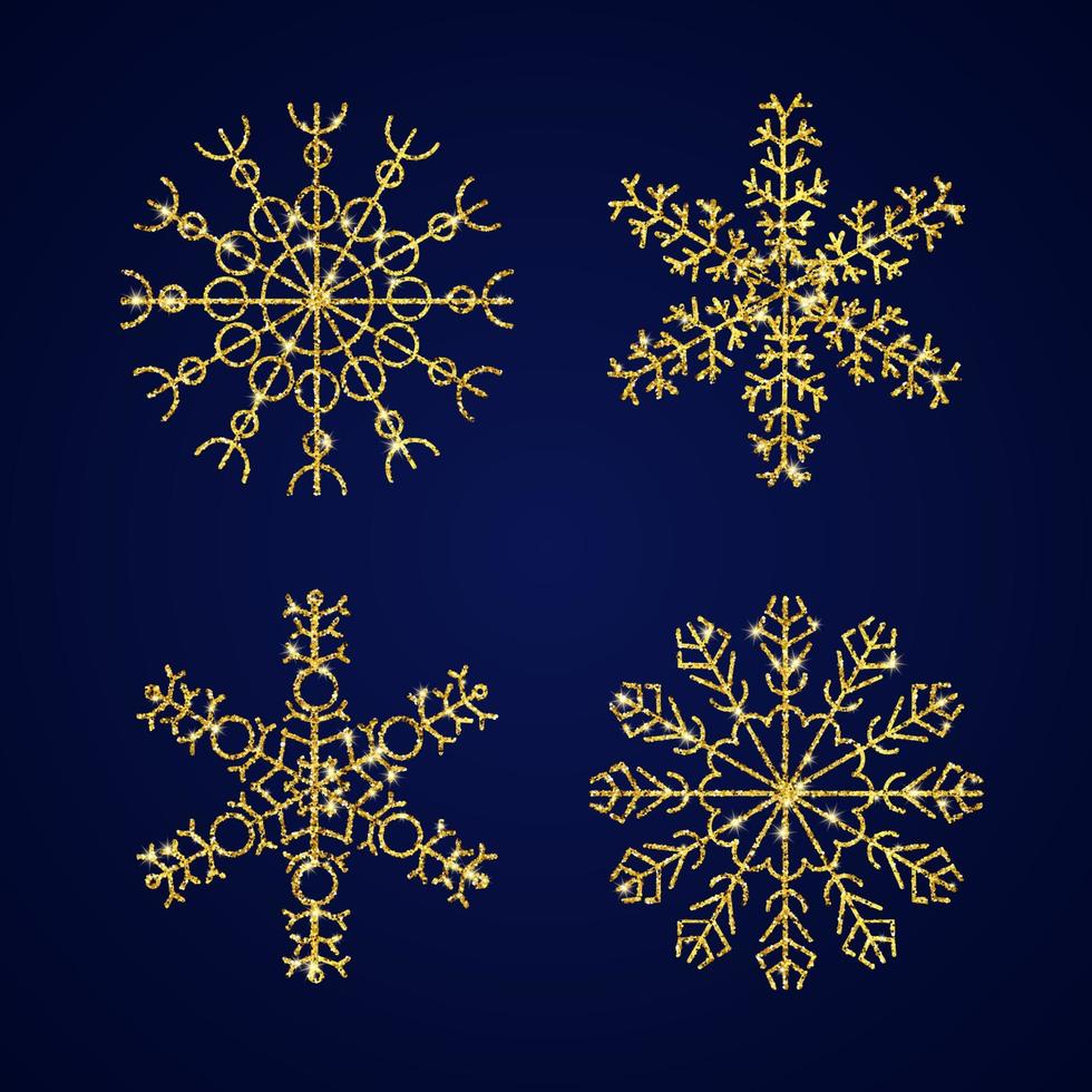 goldene glitzernde schneeflocken. Satz von vier Goldglitzerschneeflocken auf blauem Hintergrund. weihnachts- und neujahrsdekorationselemente. Vektor-Illustration. vektor