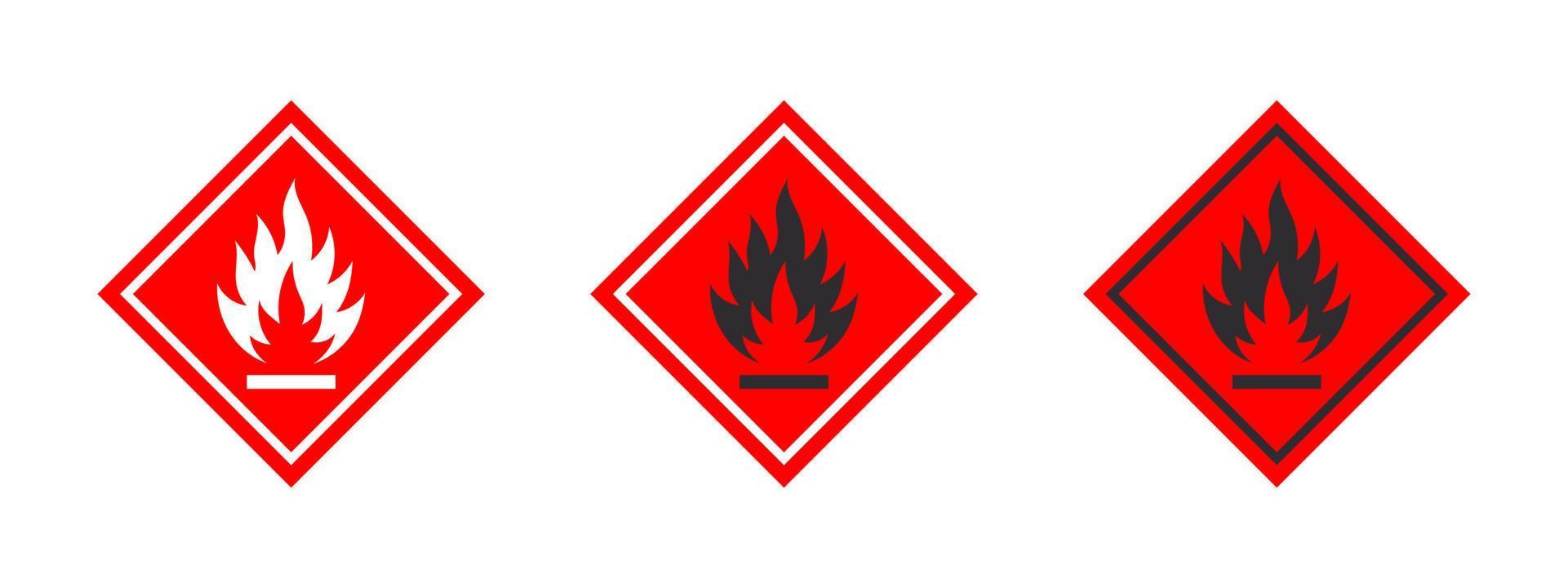 Warnzeichen für brennbare Materialien. Zeichen Gefahr brennbarer Flüssigkeiten oder Materialien. Symbole für brennbare Substanzen gesetzt. Vektorsymbole vektor