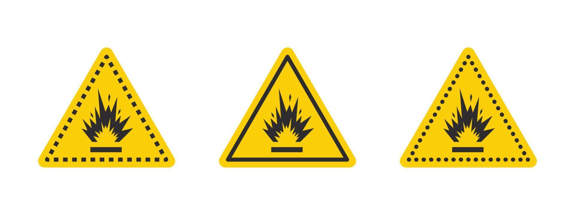 Warnschild für Sprengbereich. Warnzeichen für explosive Flüssigkeiten oder Materialien. Symbole für Sprengstoffe festgelegt. Vektorsymbole vektor