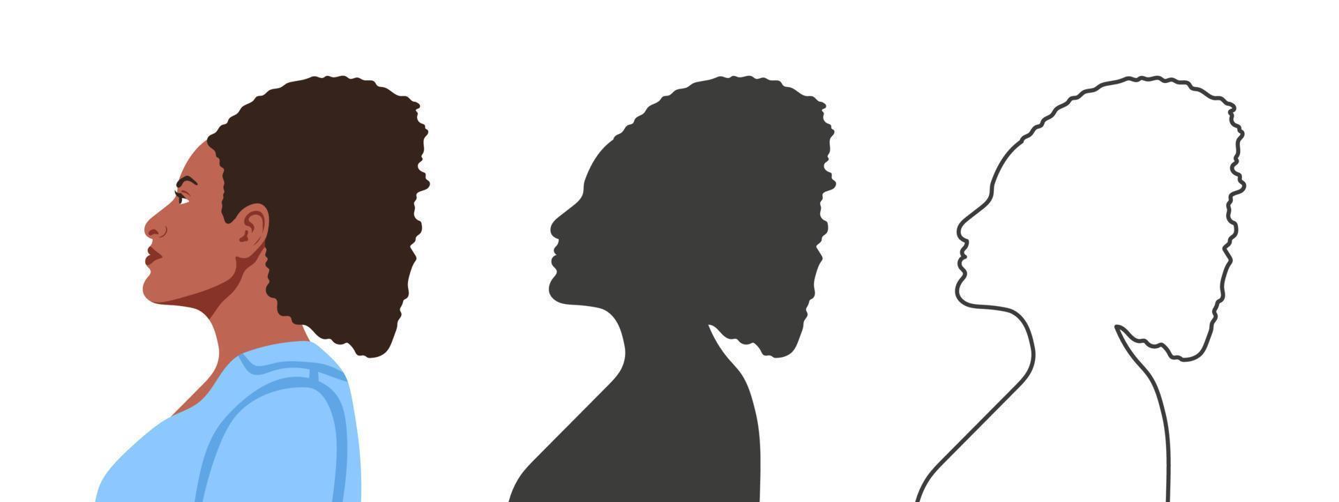 kvinna ansikte från de sida. silhuetter av människor i tre annorlunda stilar. profil av en ansikte. vektor illustration