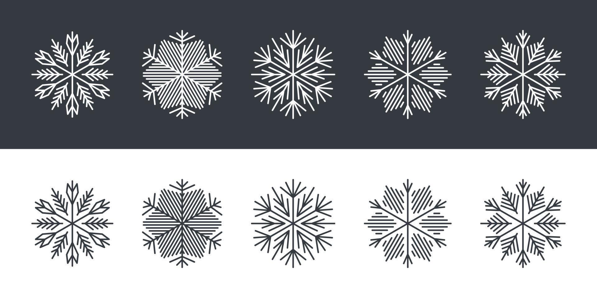 Schneeflocken in verschiedenen Formen. Schneeflocken im flachen Stil auf schwarzem und weißem Hintergrund. Vektor-Illustration vektor