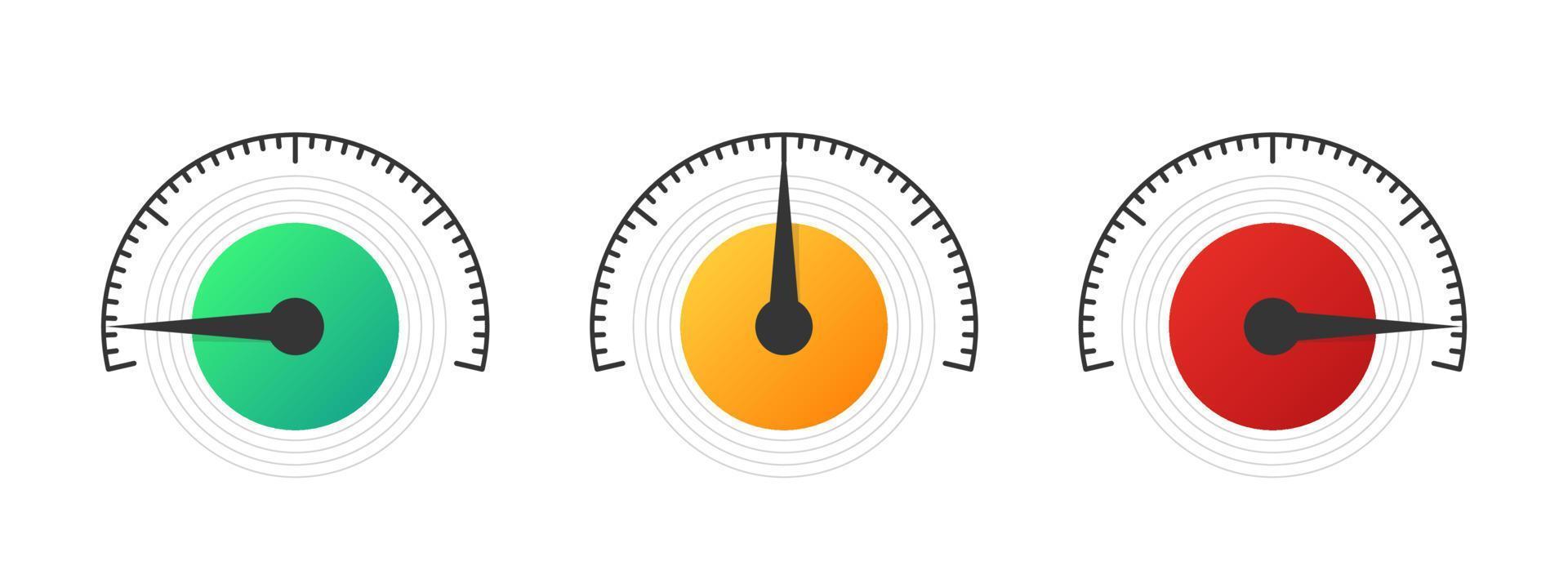 hastighetsmätare, varvräknare, modern mått ikoner. prestanda mått. risk meter. nivå meter. vektor illustration