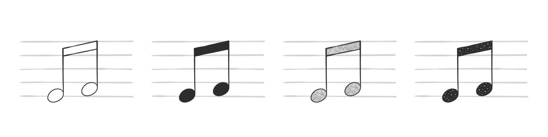 musik anteckningar. två åttonde anteckningar. ritad för hand musikalisk symboler i olika variationer. vektor illustration