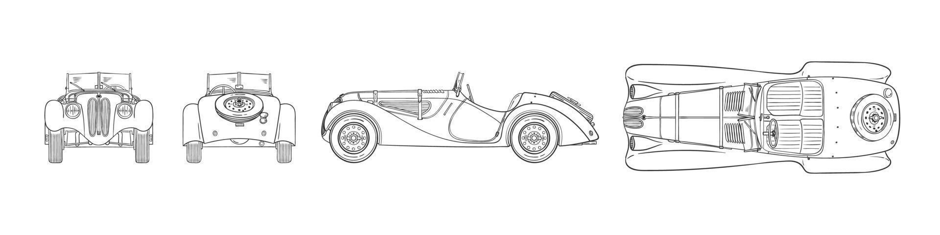 Skizzieren Sie Retro-Auto. hand gezeichnetes auto vorne hinten oben und seitenansicht. Vektorbild vektor