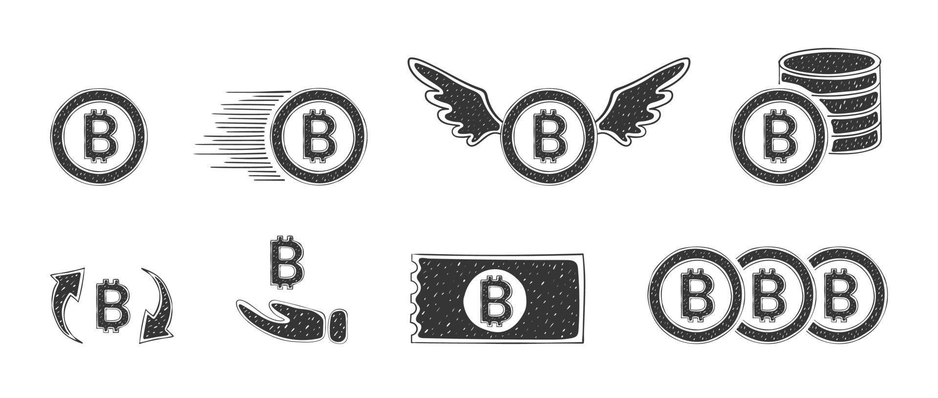 bitcoin ikoner. kryptovaluta ikoner. finansiell ikoner. hand dragen ikoner. vektor illustration