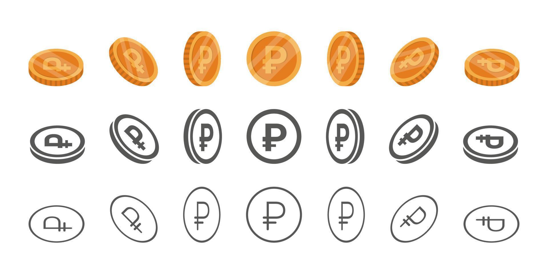 mynt rubel. rotation av ikoner på annorlunda vinklar för animation. mynt i isometrisk. vektor illustration