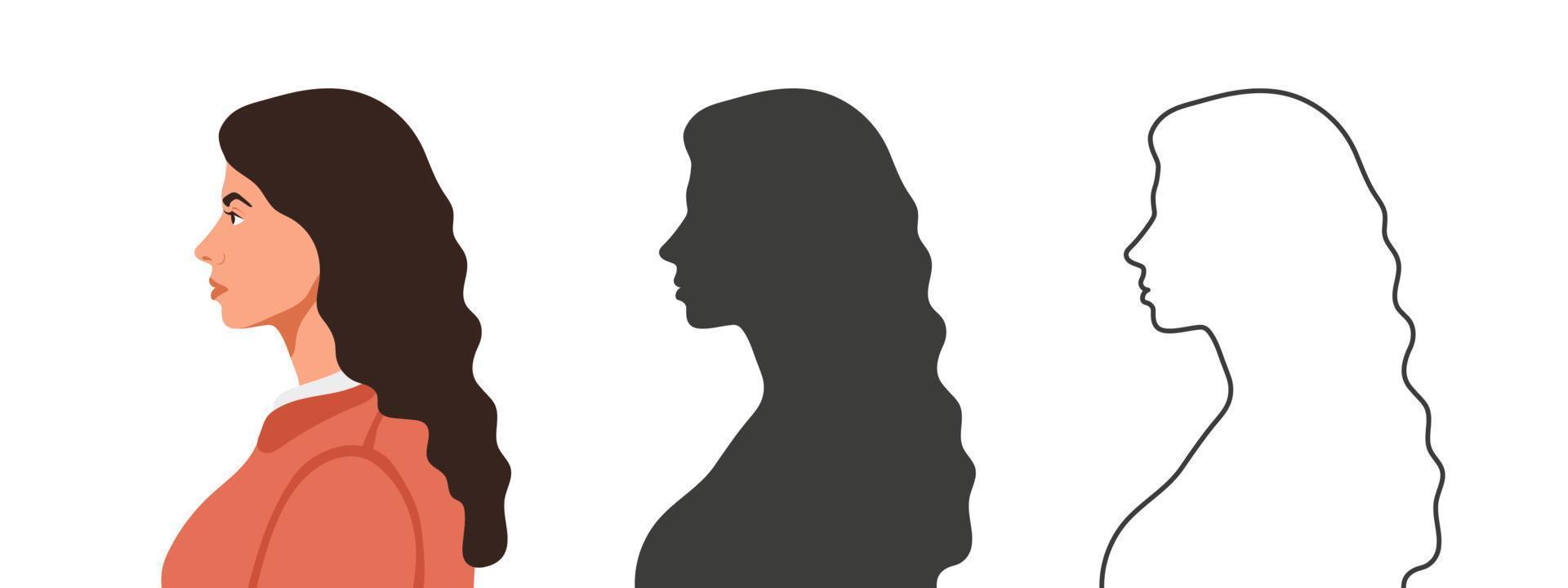 flicka ansikte från de sida. silhuetter av människor i tre annorlunda stilar. profil av en ansikte. vektor illustration