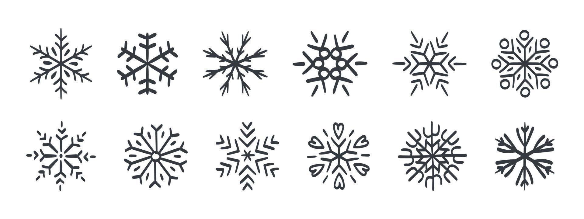 snöflingor. ritad för hand snöflingor. snöflingor ikoner av annorlunda stilar och former. vektor illustration