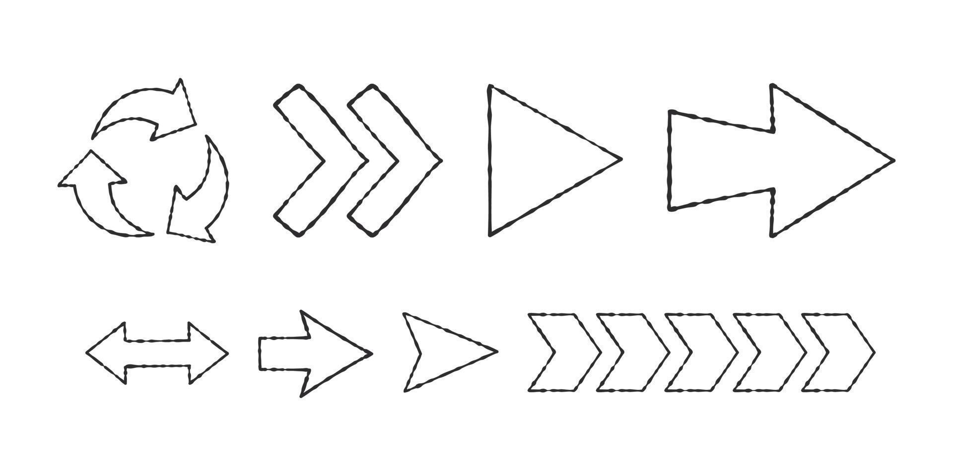 Pfeilsymbole gesetzt. Skizzenpfeile von Hand gezeichnet. Vektorsymbole vektor