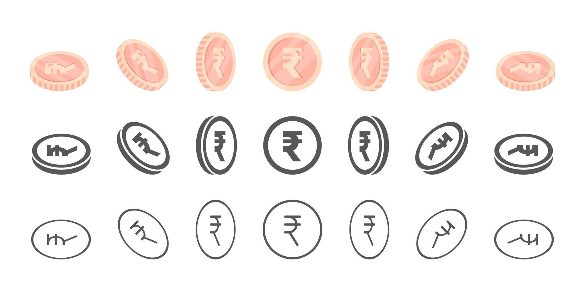 indische rupie-münzen. Drehung von Symbolen in verschiedenen Winkeln zur Animation. münzen isometrisch. Vektor-Illustration vektor