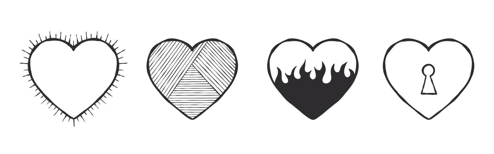Sammlung von Herzsymbolen. handgezeichnete herzen mit verschiedenen inhalten. Vektorbilder vektor