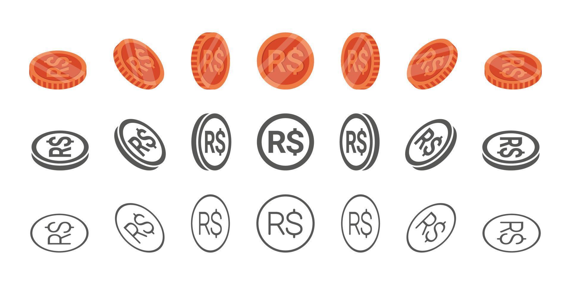 brasilianische Münzen. Drehung von Symbolen in verschiedenen Winkeln zur Animation. münzen isometrisch. Vektor-Illustration vektor