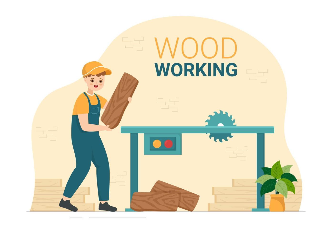 holzbearbeitung mit holzschneiden durch moderne handwerker und arbeiter unter verwendung von werkzeugen, die in einer handgezeichneten schablonenillustration der flachen karikatur eingestellt sind vektor