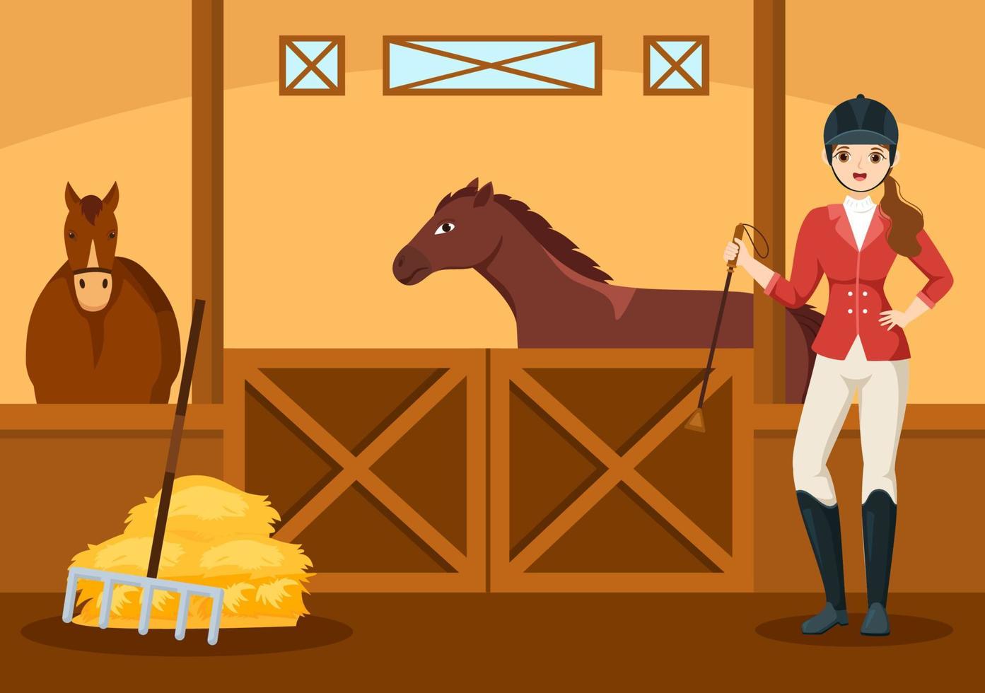 ryttare sport häst tränare med Träning, ridning lektioner och löpning hästar i platt tecknad serie hand dragen mall illustration vektor