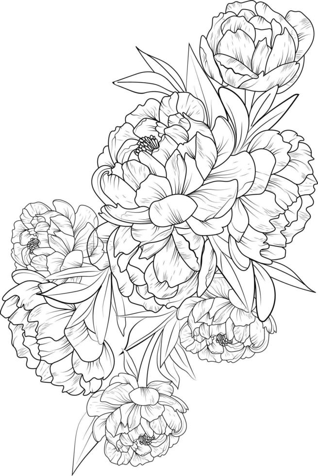 pion flwoer bukett, isolerat blomma hand dragen vektor skiss illustration, botaniska samling gren av blad knoppar naturlig samling färg sida blommig buketter graverat bläck konst.