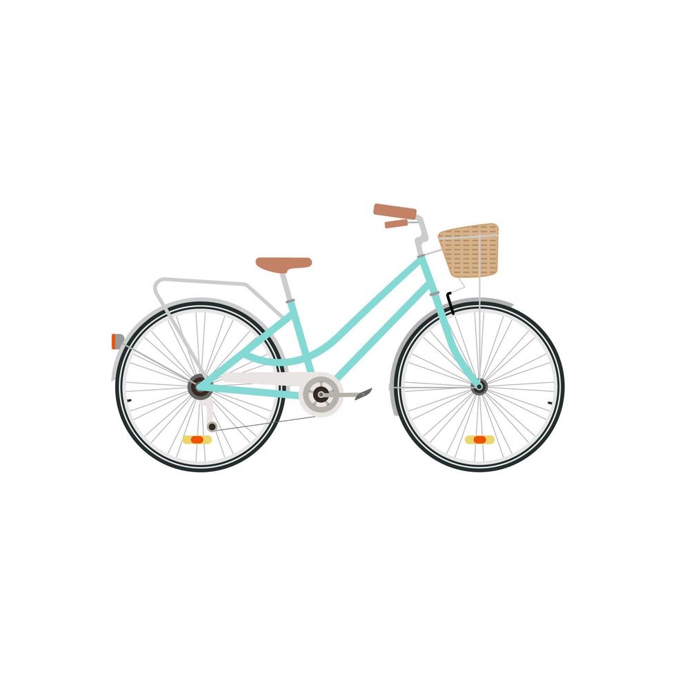 Design-Vektorillustration des Weinlesefahrrads flache. Süßes Damenrad mit niedrigem Rahmen und Korb vorne. altes Fahrrad. vektorillustration im flachen stil. vektor