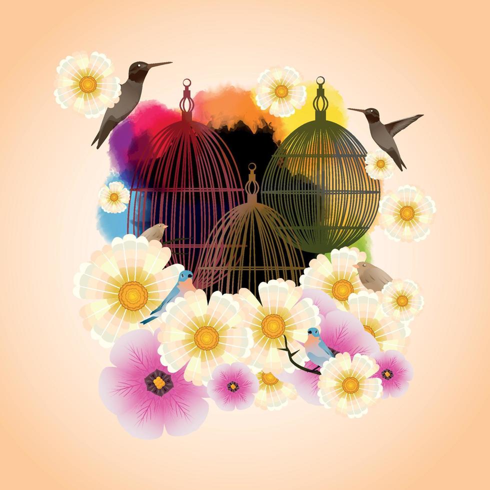 de fågel är bur årgång fågel och blommor illustration färgrik en vattenfärg stänk. vektor