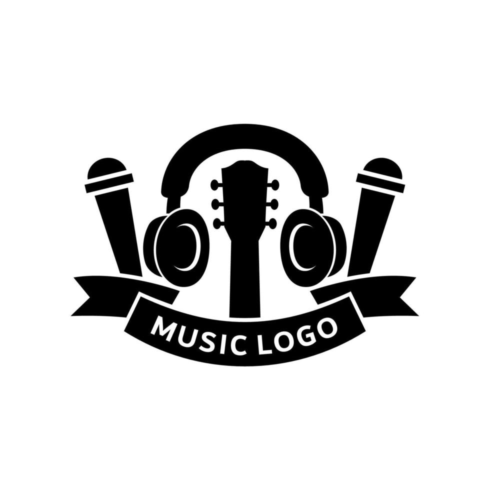 musik logotyp mall använder sig av hörlurar, gitarr och mikrofon. musik logotyp vektor