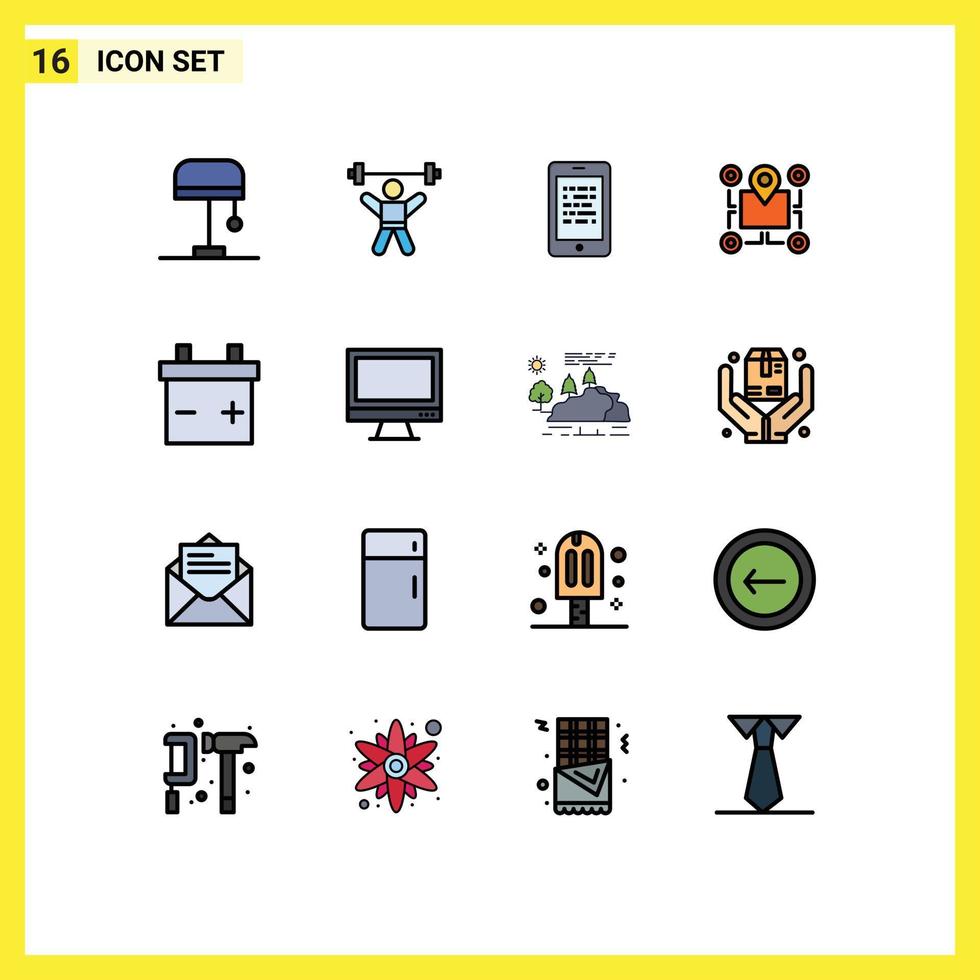 gruppe von 16 modernen flachen farbgefüllten linien für zeigerchip mobile karten-elearning-editierbare kreative vektordesignelemente vektor