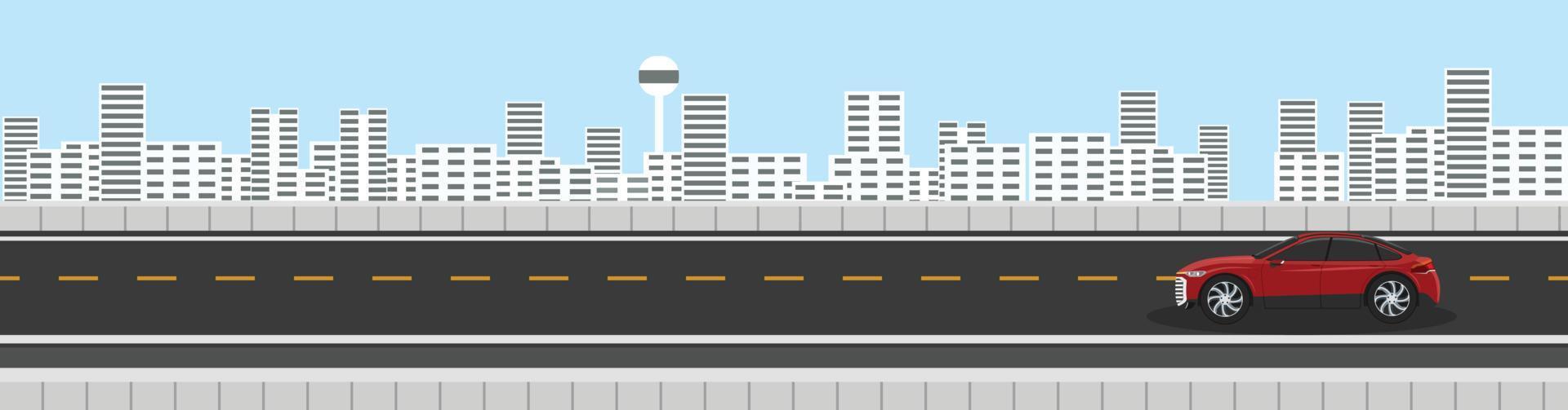 rotes luxusauto, das auf asphaltstraße fährt. Fahren auf der Autobahn mit einem Hochhaus-Stadtbild im Hintergrund unter blauem Himmel. Kopieren Sie den flachen Vektor des Raums.