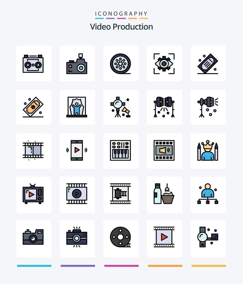 kreative Videoproduktion 25 Zeilen gefülltes Icon Pack wie Imagination. Sehvermögen. Fotograf. Vintage Rolle. Filmrolle vektor