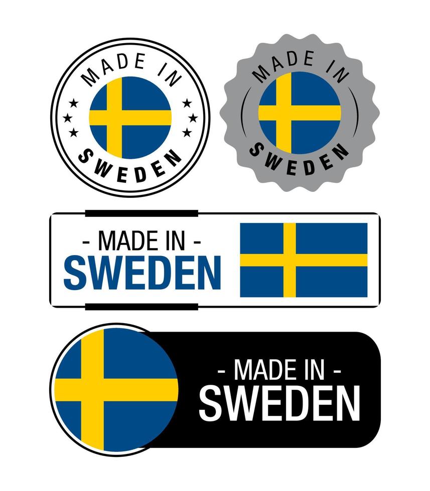 satz von in schweden hergestellten etiketten, logo, schwedenflagge, schwedenproduktemblem vektor