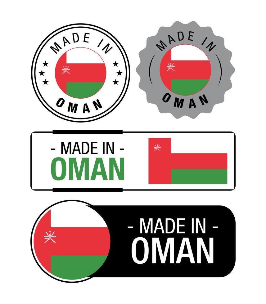 satz von made in oman-etiketten, logo, oman-flagge, oman-produktemblem vektor